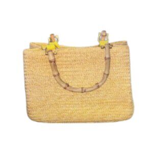 Chic Croft & Barrow Straw Handbag with Bamboo Handles & Polka Dot Lining
